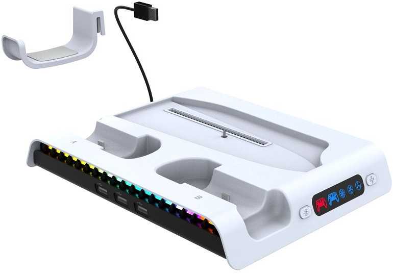 Ausinės iPega P5S006 daugiafunkcis įkrovimo RGB stovas su aušinimu, skirtas PS5 Slim, baltas (pažeista pakuotė)