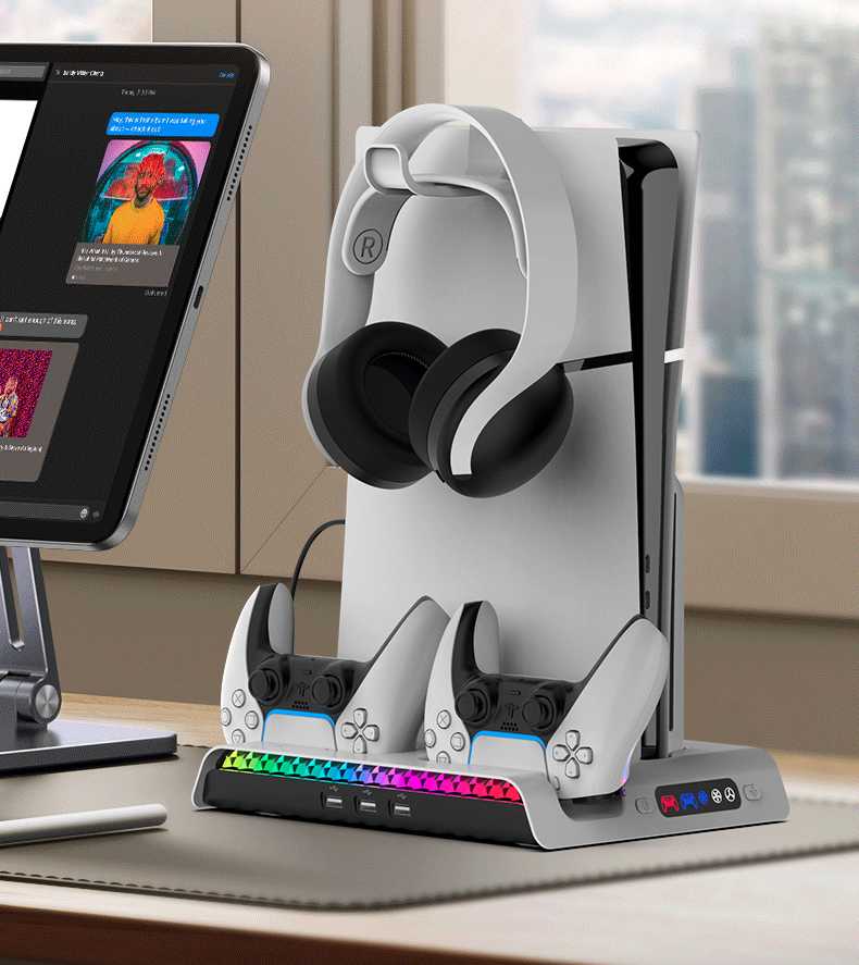Ausinės iPega P5S006 daugiafunkcis įkrovimo RGB stovas su aušinimu, skirtas PS5 Slim, baltas (pažeista pakuotė)