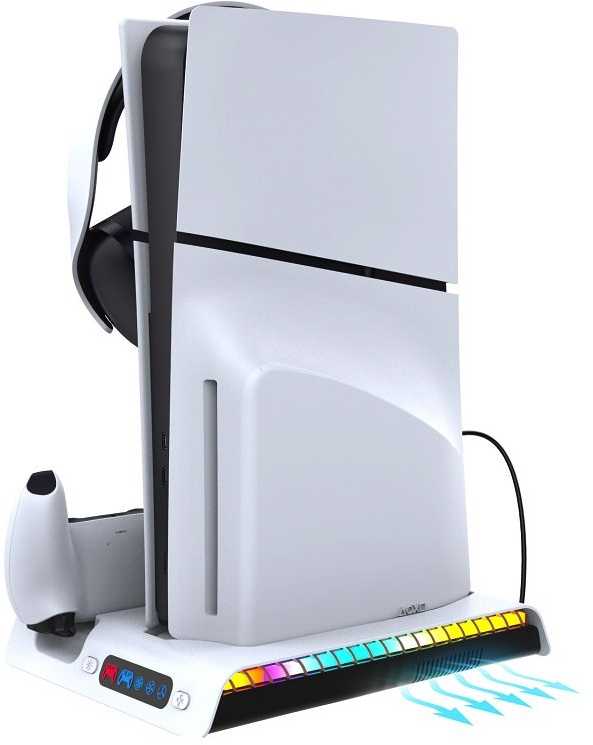 Ausinės iPega P5S006 daugiafunkcis įkrovimo RGB stovas su aušinimu, skirtas PS5 Slim, baltas (pažeista pakuotė)