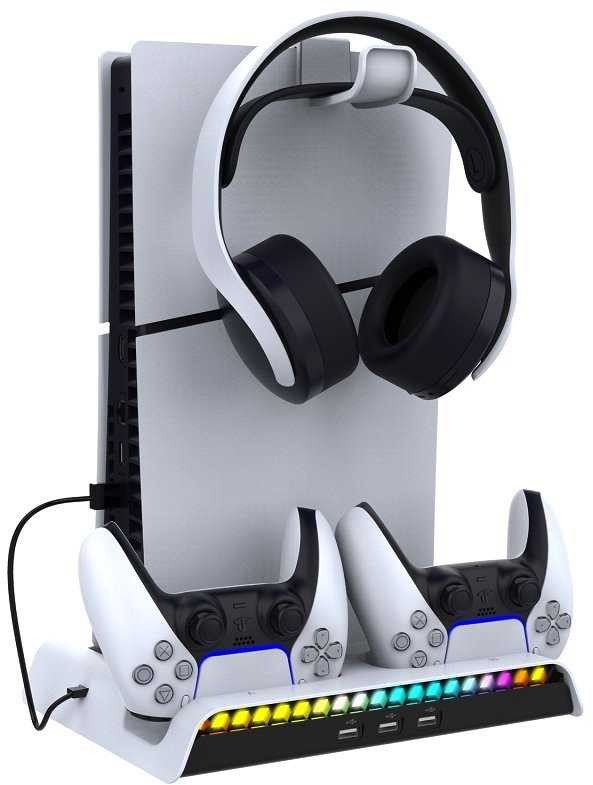 Ausinės iPega P5S006 daugiafunkcis įkrovimo RGB stovas su aušinimu, skirtas PS5 Slim, baltas (pažeista pakuotė)
