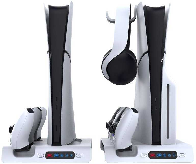 Ausinės iPega P5S006 daugiafunkcis įkrovimo RGB stovas su aušinimu, skirtas PS5 Slim, baltas (pažeista pakuotė)