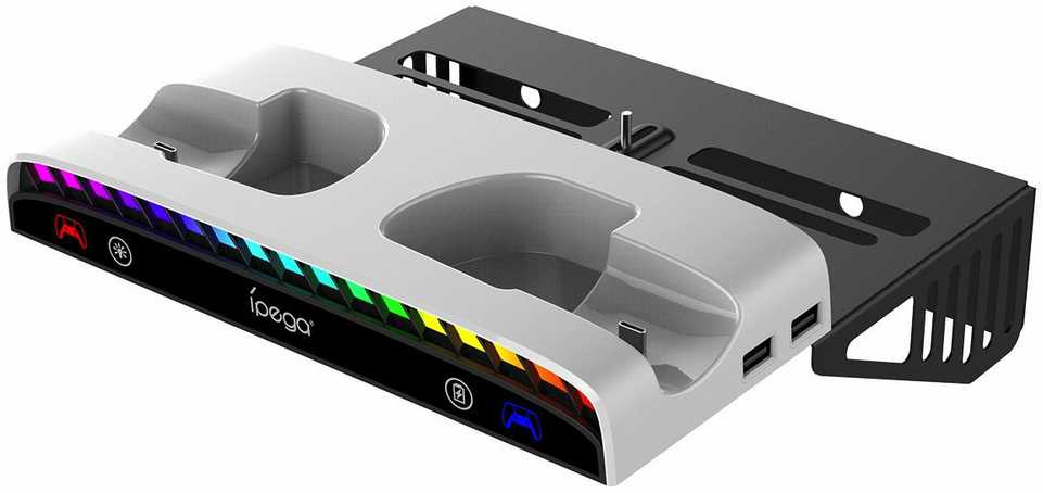 „iPega P5S011“ sieninis laikiklis, skirtas PS5 / PS5 Slim / PS5 Pro su dvigubu įkroviklio doku, skirtu PS5 valdikliui (pažeidimų paketas) (Pažeista pakuotė)