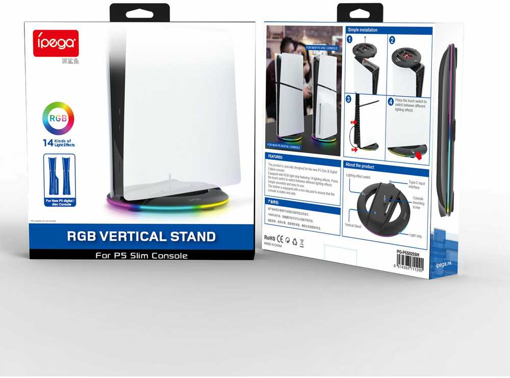 iPega P5S025S vertikalus stovas su RGB, skirtas PS5 Slim/PS5 Pro Juodas