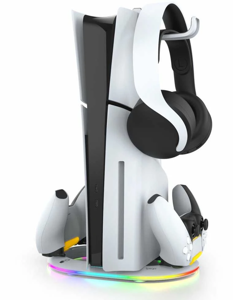 iPega P5S045 vertikalus įkrovimo stovas su RGB, skirtas PS5/PS5 Slim Baltas