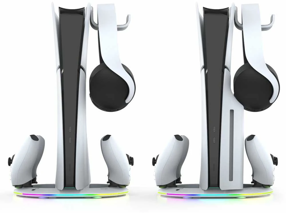 iPega P5S045 vertikalus įkrovimo stovas su RGB, skirtas PS5/PS5 Slim Baltas