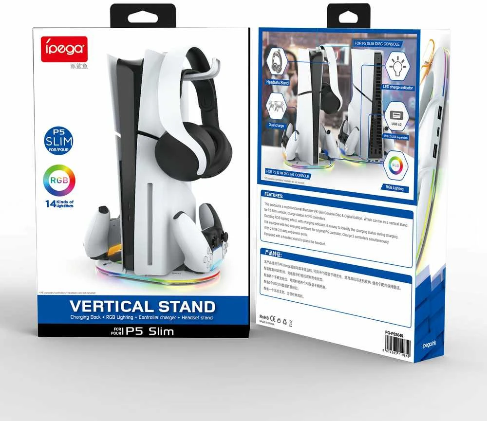 iPega P5S045 vertikalus įkrovimo stovas su RGB, skirtas PS5/PS5 Slim Baltas