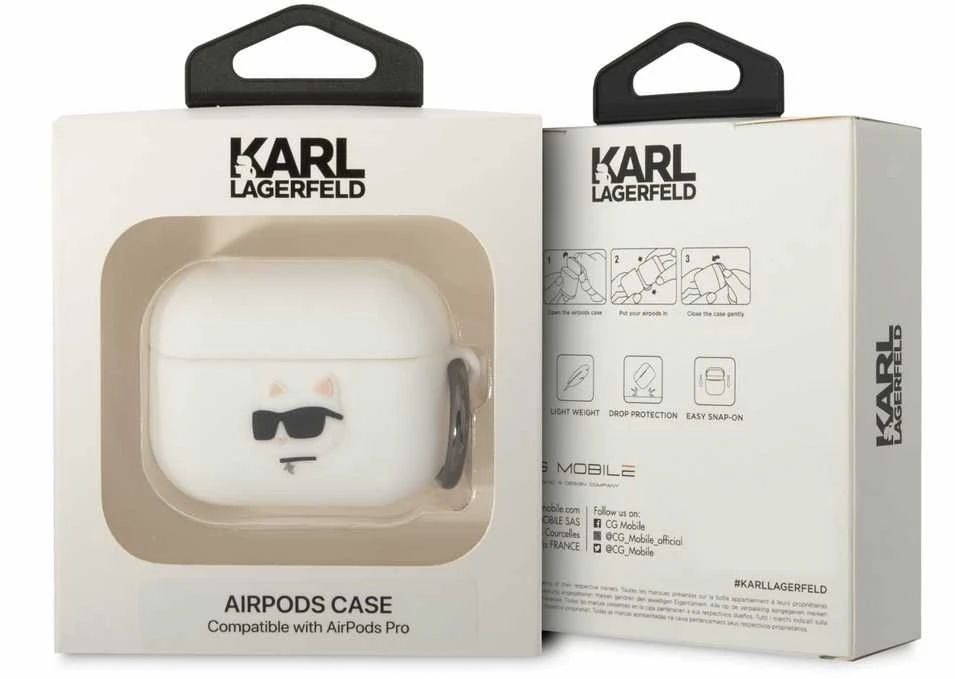 Karl Lagerfeld KLAPRUNCHH AirPods Pro dėklas baltos spalvos Silicone Choupette Head 3D