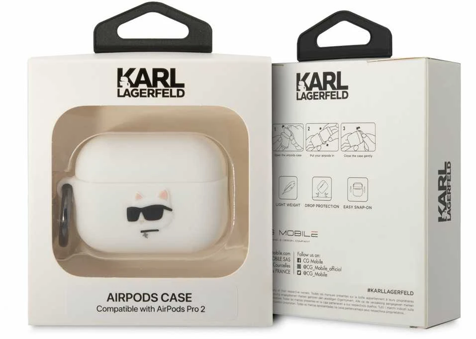 Karl Lagerfeld KLAP2RUNCHH AirPods Pro 2(2022/2023) dėklas baltos spalvos Silicone Choupette Head 3D