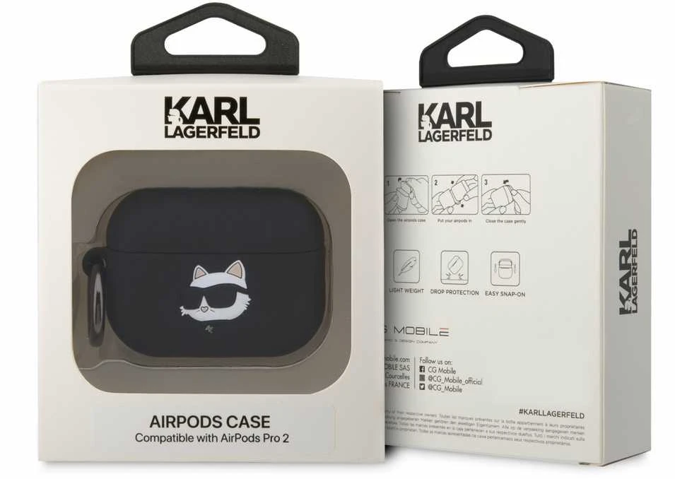 Apple AirPods Pro 2 Karl Lagerfeld silikoninis Choupette Head 3D ausinių dėklas juodos spalvos