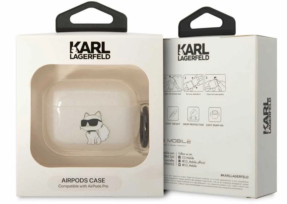 Dėklas Karl Lagerfeld Karlo Lagerfeldo etapai, skirti Airpods Pro KLAPHNCHTCT baltai Ikonik Choupette