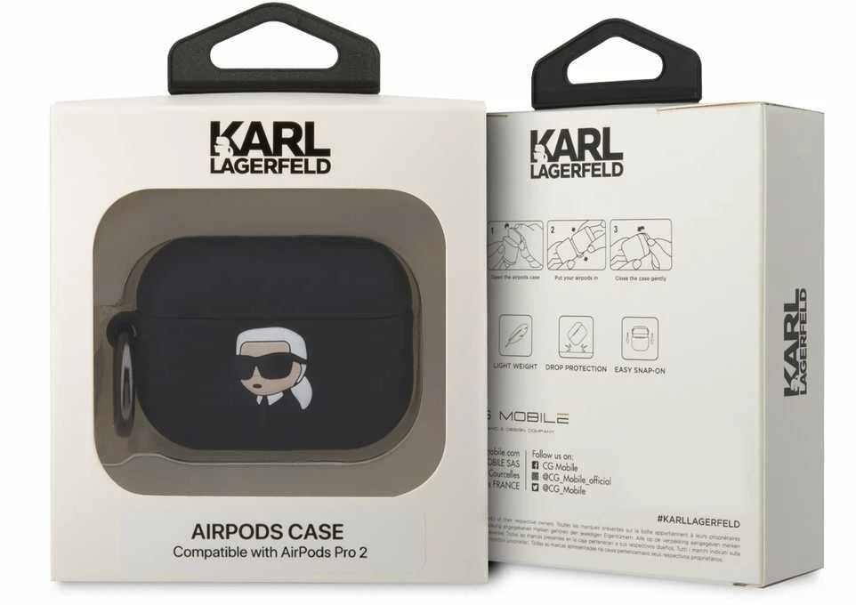 Apple AirPods Pro 2 Karl Lagerfeld silikoninis Karl Head 3D ausinių dėklas juodos spalvos