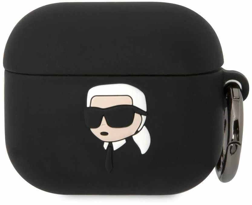 Juodas AirPods 3 dėklas su 3D Karl Lagerfeld portretu