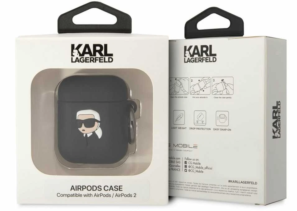 Karl Lagerfeld KLA2RUNIKK AirPods 1/2 dėklas juodos spalvos Silicone Karl Head 3D