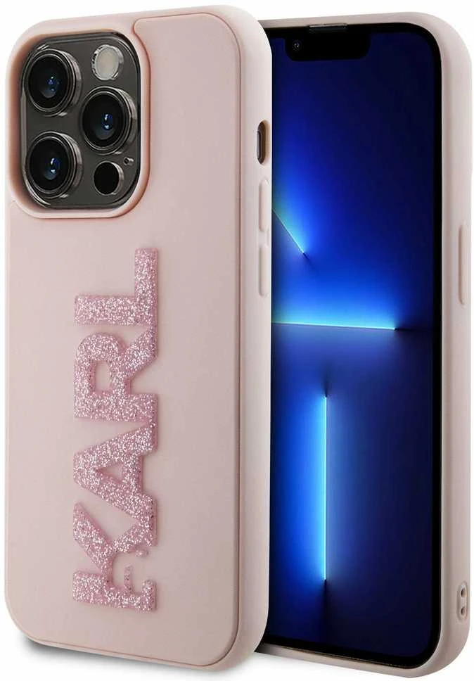 Apple iPhone 15 Pro Karl Lagerfeld dėklas 3D Rubber Glitter Logo (KLHCP15L3DMBKCP) rožinės spalvos