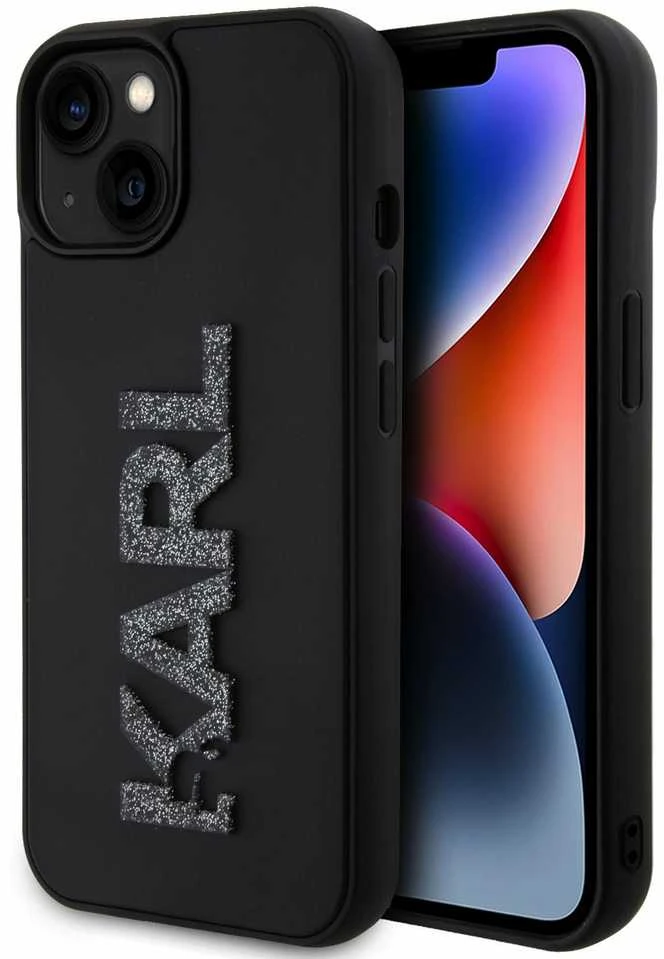 Karl Lagerfeld KLHCP15S3DMBKCK Apple iPhone 15/ 14 / 13 6.1″ juodos spalvos kietas dėklas 3D Rubber Glitter Logo