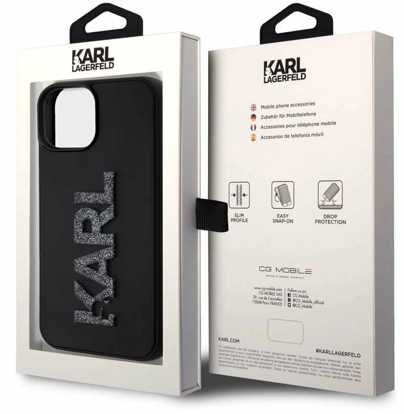 Karl Lagerfeld KLHCP15S3DMBKCK Apple iPhone 15/ 14 / 13 6.1″ juodos spalvos kietas dėklas 3D Rubber Glitter Logo