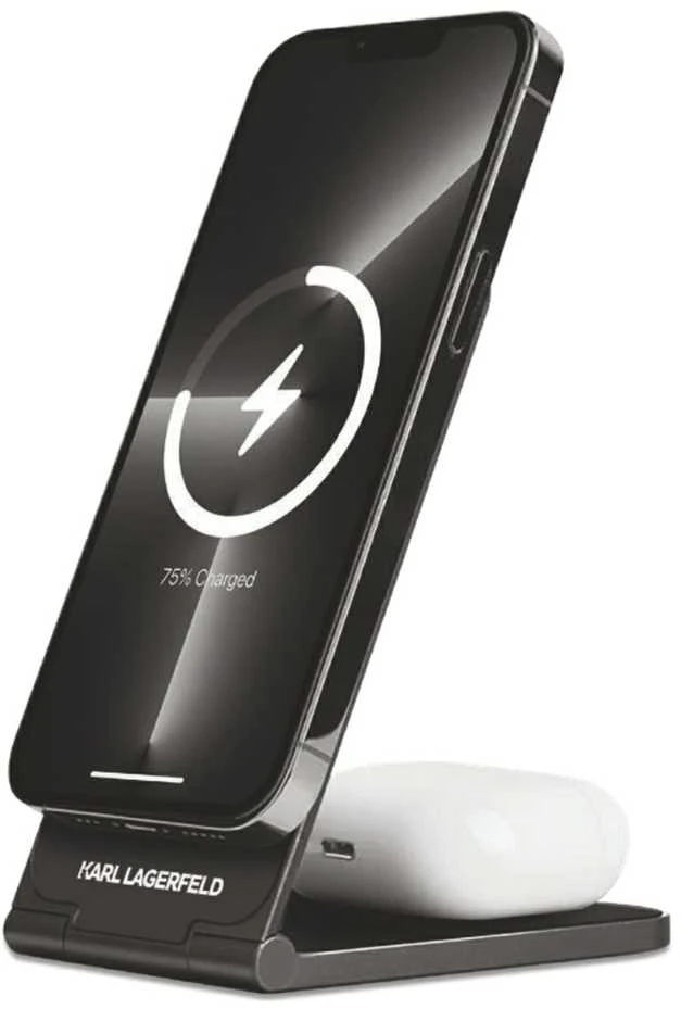 Karl Lagerfeld foldable Belaidis įkroviklis 2-in-1 KLDCRFALCHNK 15W juodos spalvos Choupette MagSafe