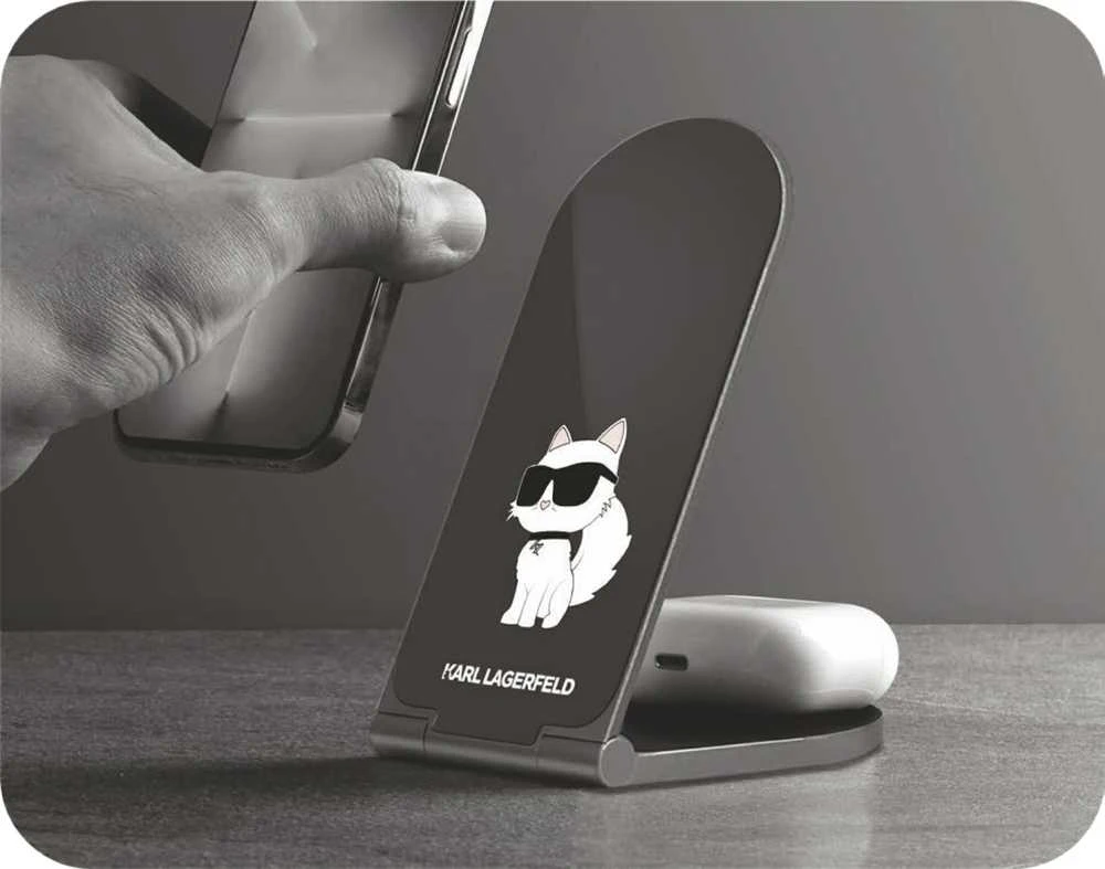 Karl Lagerfeld foldable Belaidis įkroviklis 2-in-1 KLDCRFALCHNK 15W juodos spalvos Choupette MagSafe