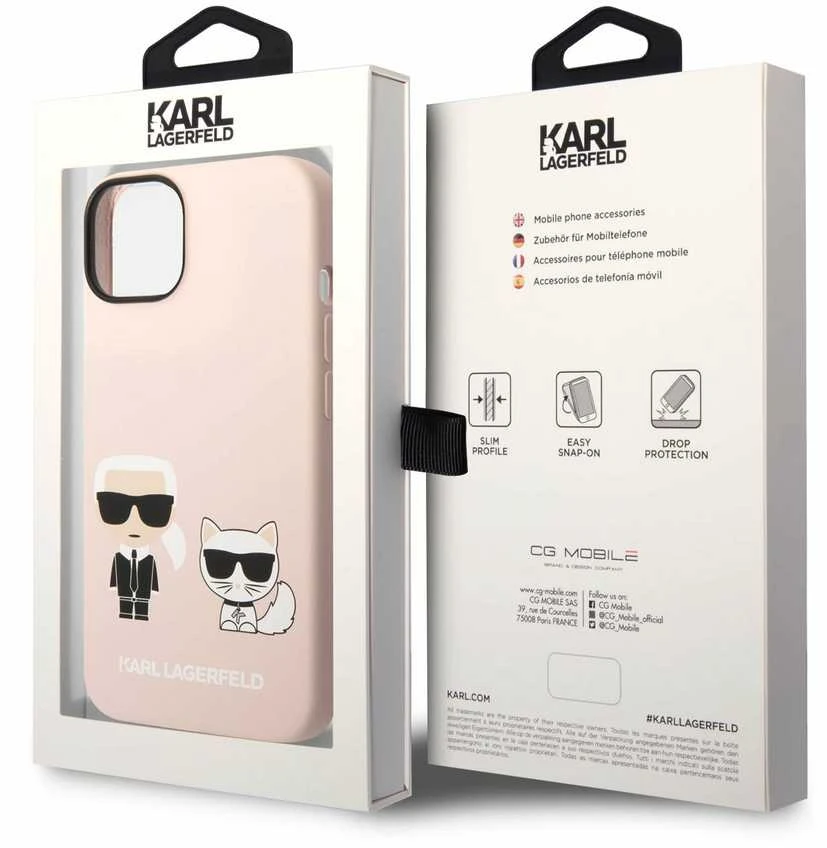 Karl Lagerfeld ir Choupette skystas silikoninis dėklas, skirtas iPhone 14 Plus Rožinė