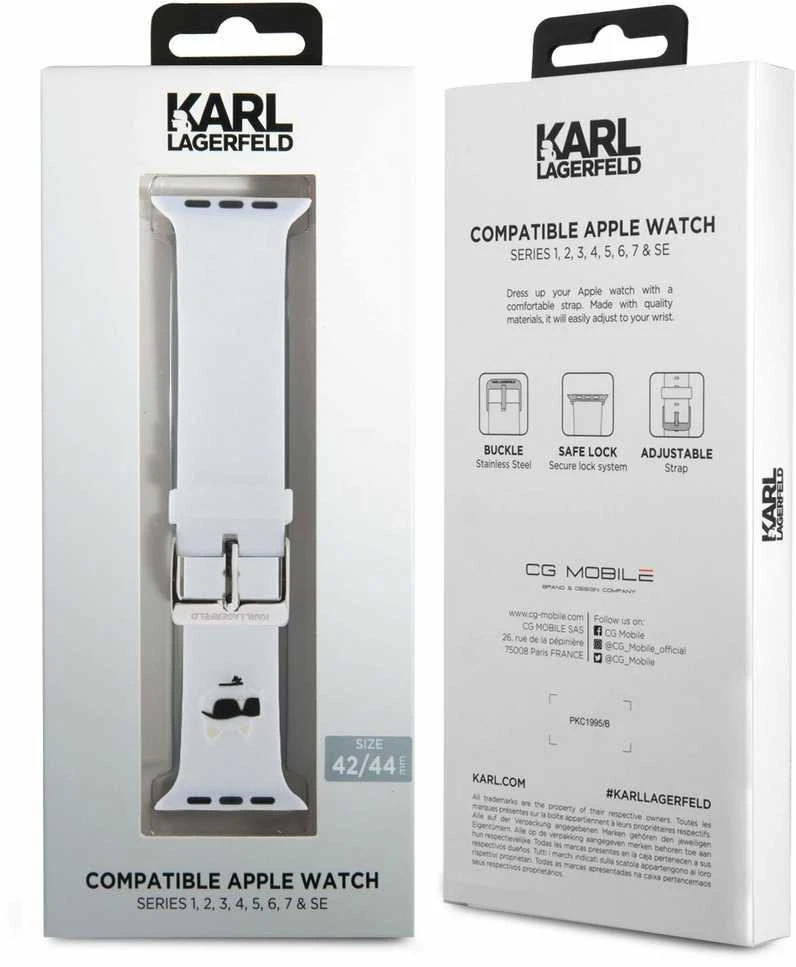 Karl Lagerfeld apyrankė KLAWLSLCNH Apple Watch 42/44/45/49mm baltos spalvos apyrankė 3D Rubber Choupette Head