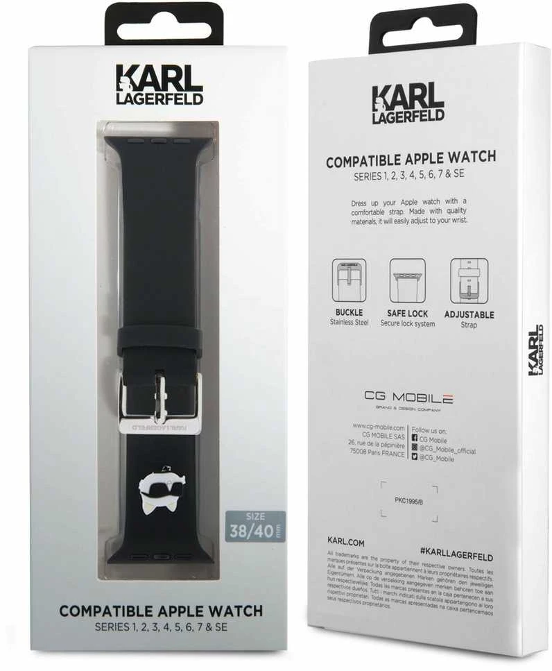 Karl Lagerfeld apyrankė KLAWMSLCNK Apple Watch 38/40/41mm juodos spalvos apyrankė 3D Rubber Choupette Heads