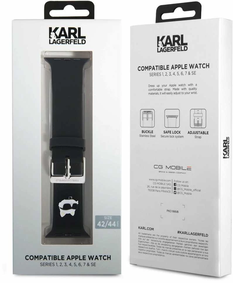Karl Lagerfeld apyrankė KLAWLSLCNK Apple Watch 42/44/45/49mm juodos spalvos apyrankė 3D Rubber Choupette Head