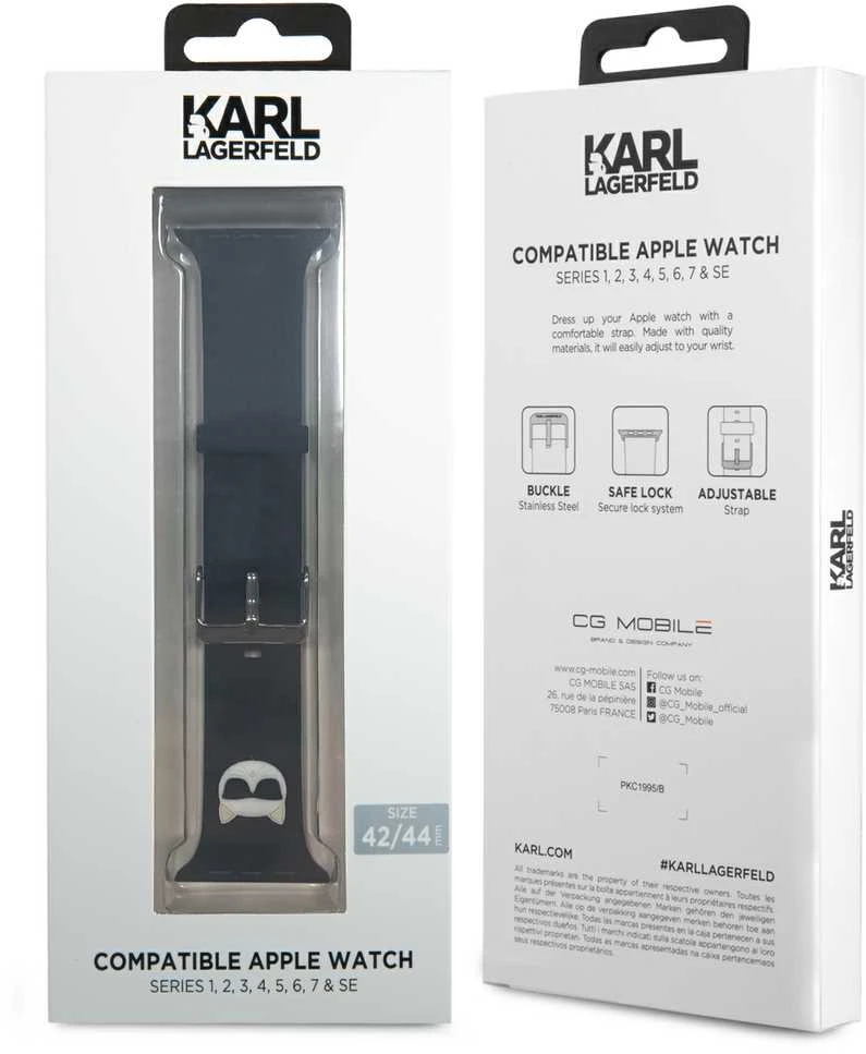 Išmaniojo laikrodžio Apple 4/5/6/7/SE Karl Lagerfel silikoninis dirželis, Juodos spalvos, 42/44/45mm