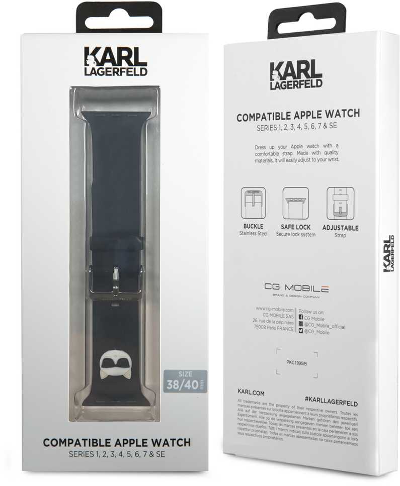 Išmaniojo laikrodžio Apple 4/5/6/7/SE Karl Lagerfel silikoninis dirželis, Juodos spalvos, 38/40/41mm