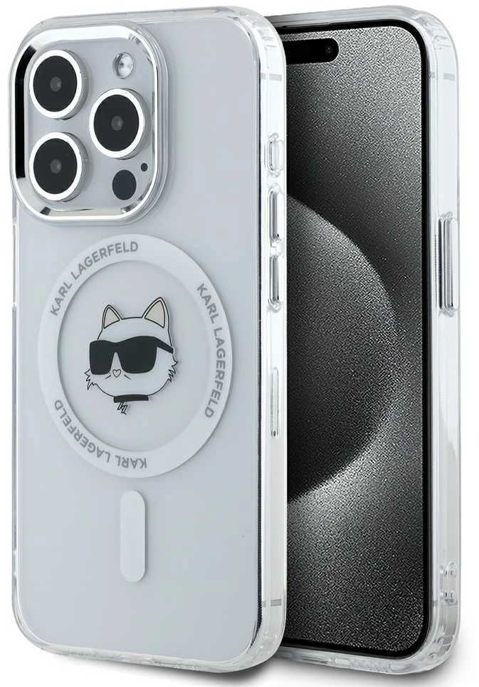 Karl Lagerfeld KLHMP15XHLSCHH Apple iPhone 15 Pro Max 6.7″ baltos spalvos kietas dėklas IML Metal Choupette Head MagSafe