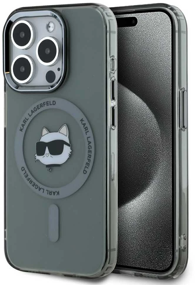 Karl Lagerfeld IML Choupette Head Metal Frame MagSafe dėklas telefonui Apple iPhone 15 Pro Max juodos spalvos