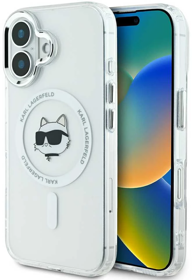 Karl Lagerfeld KLHMP16SHLSCHH Apple iPhone 16 6.1″ baltos spalvos kietas dėklas IML Metal Choupette Head MagSafe