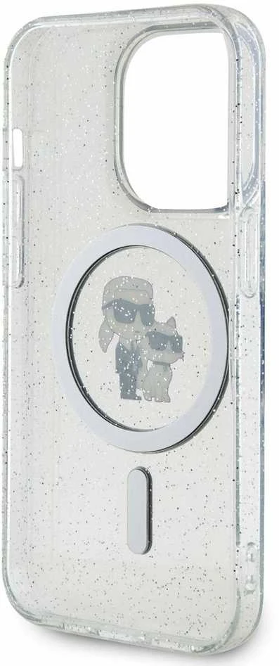 Apple iPhone 15 Pro Karl Lagerfeld dėklas Karl&Choupette Glitter MagSafe (KLHMP15LHGKCNOT) skaidrus