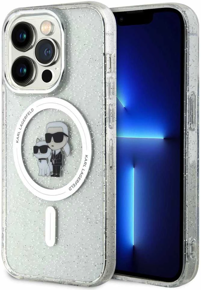 Apple iPhone 15 Pro Karl Lagerfeld dėklas Karl&Choupette Glitter MagSafe (KLHMP15LHGKCNOT) skaidrus