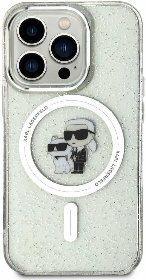 Apple iPhone 15 Pro Karl Lagerfeld dėklas Karl&Choupette Glitter MagSafe (KLHMP15LHGKCNOT) skaidrus