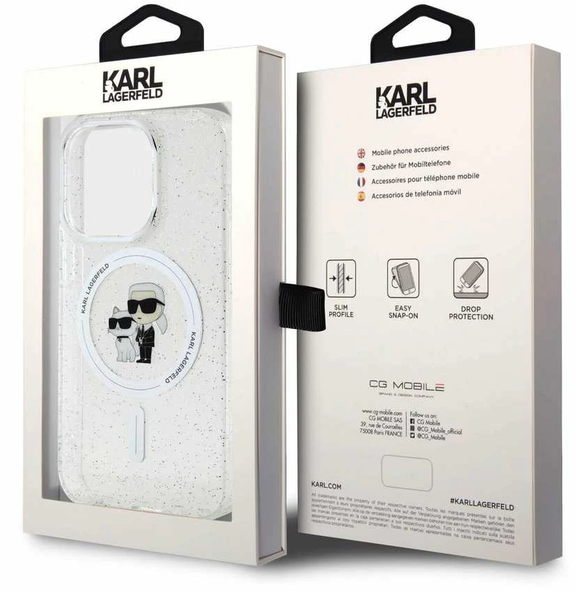 Apple iPhone 15 Pro Karl Lagerfeld dėklas Karl&Choupette Glitter MagSafe (KLHMP15LHGKCNOT) skaidrus