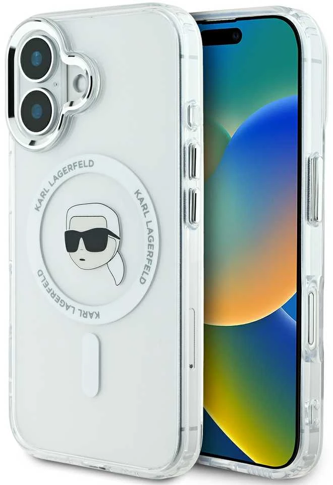 Karl Lagerfeld KLHMP16SHLSKIH Apple iPhone 16 6.1″baltos spalvos kietas dėklas IML Metal Karl Head MagSafe