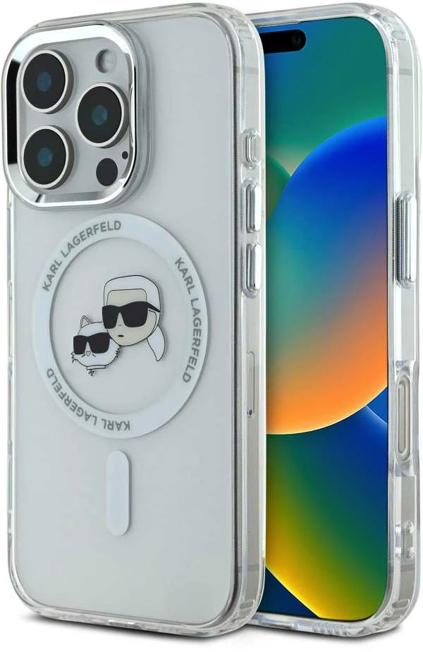Karl Lagerfeld KLHMP16LHLSKCH Apple iPhone 16 Pro 6.3″ baltos spalvos kietas dėklas IML Metal Karl&Choupette Head M