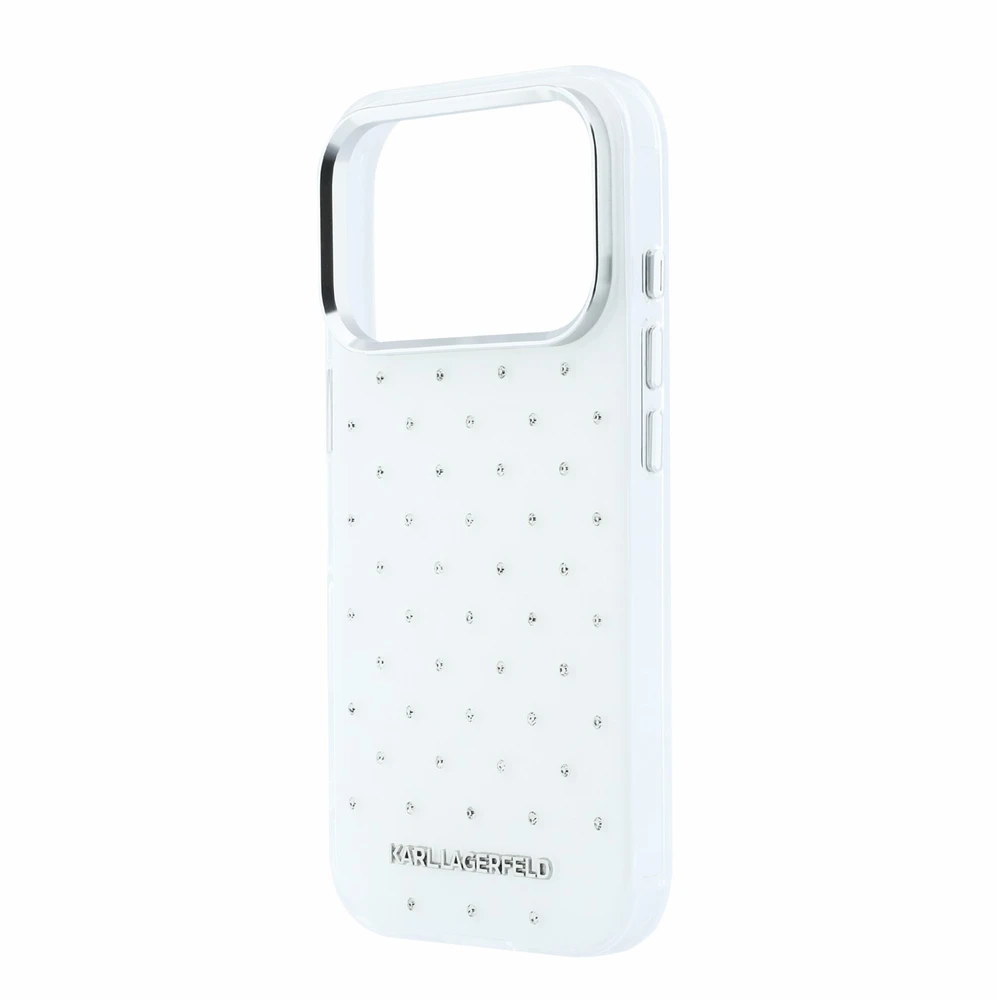 Dėklas Karl Lagerfeld IML Rhinestones Allover and Electroplated Logo skirtas iPhone 18 Pro /17 Pro baltas