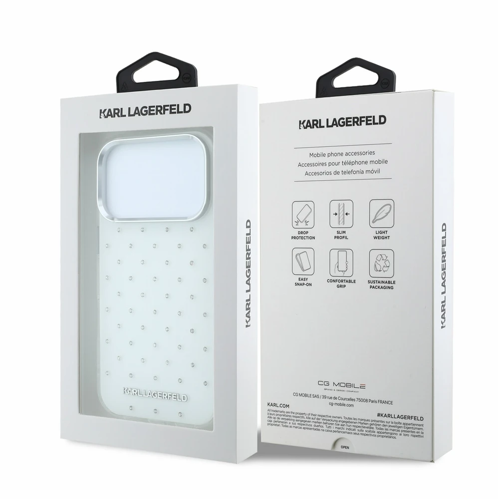 Dėklas Karl Lagerfeld IML Rhinestones Allover and Electroplated Logo skirtas iPhone 18 Pro /17 Pro baltas