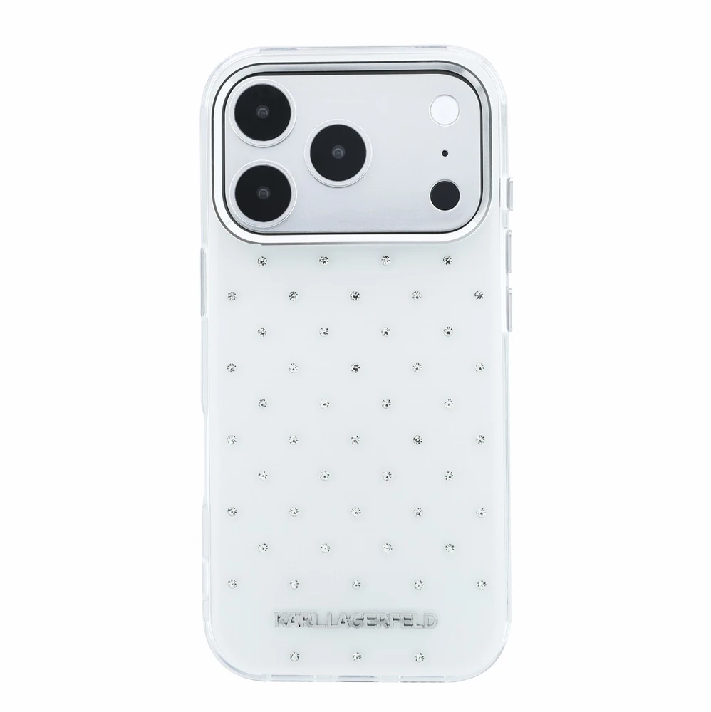 Dėklas Karl Lagerfeld IML Rhinestones Allover and Electroplated Logo skirtas iPhone 18 Pro /17 Pro baltas