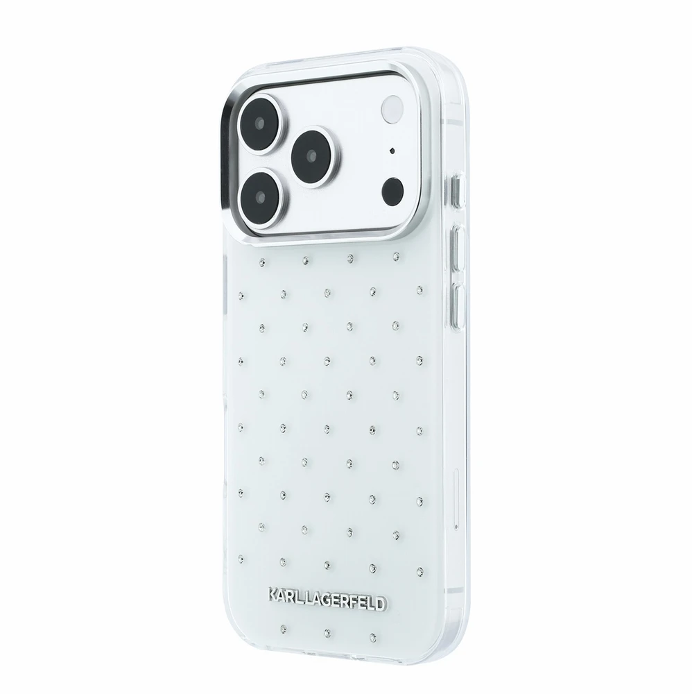 Dėklas Karl Lagerfeld IML Rhinestones Allover and Electroplated Logo skirtas iPhone 18 Pro /17 Pro baltas