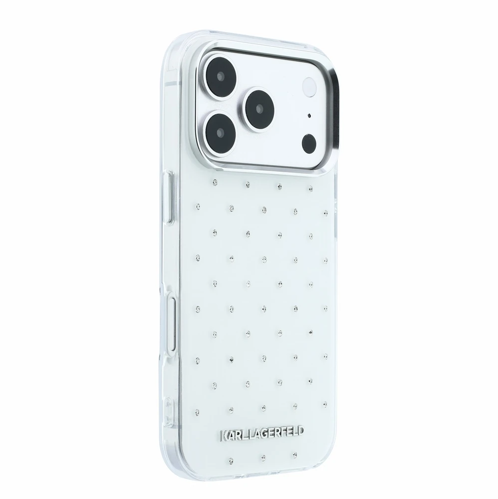 Dėklas Karl Lagerfeld IML Rhinestones Allover and Electroplated Logo skirtas iPhone 18 Pro /17 Pro baltas