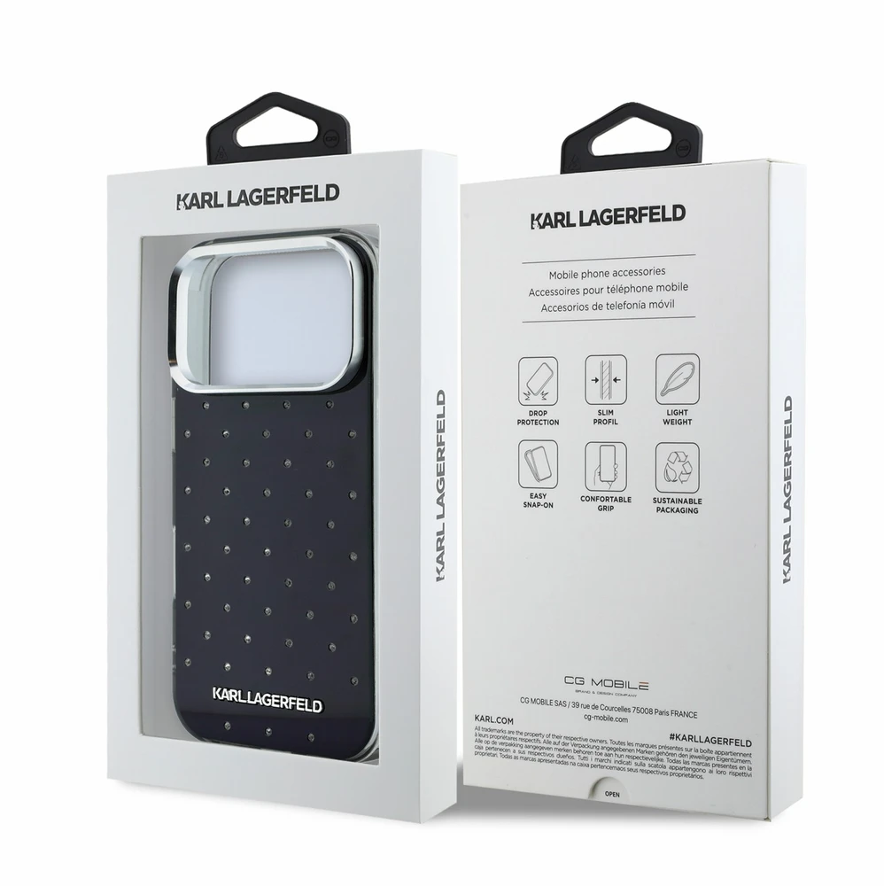 Dėklas Karl Lagerfeld IML Rhinestones Allover and Electroplated Logo skirtas iPhone 18 Pro / 17 Pro juodas
