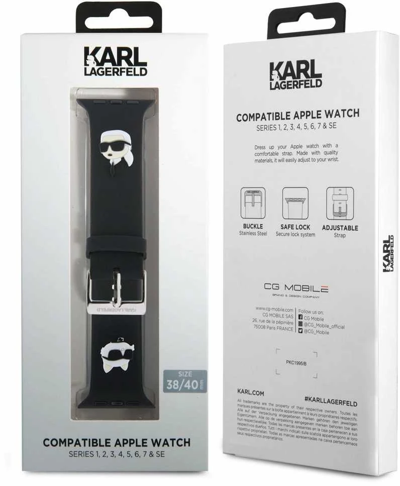 Apyrankė Apple Watch 4 / 5 / 6 / 7 / 8 / SE (38 / 40 / 41 MM) Karl Lagerfeld 3D Rubber Karl&Choupette Heads (KLAWMSLKCNK) juodos spalvos