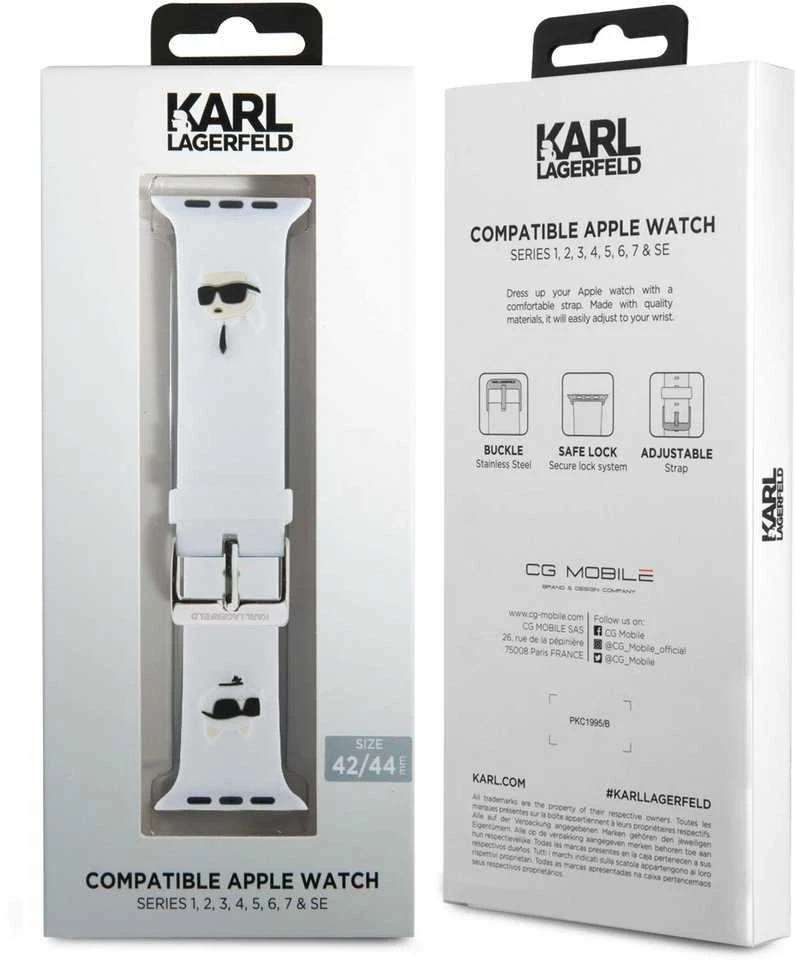 Karl Lagerfeld apyrankė KLAWLSLKCNH Apple Watch 42/44/45/49mm baltos spalvos apyrankė 3D Rubber Karl&Choupette