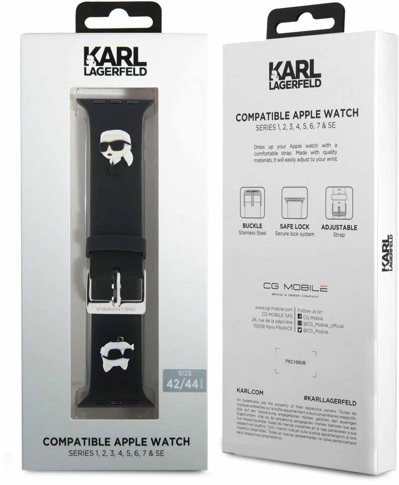 Apyrankė Apple Watch 4 / 5 / 6 / 7 / 8 / SE / Ultra (42 / 44 / 45 / 49 MM) Karl Lagerfeld 3D Rubber Karl&Choupette Heads (KLAWLSLKCNK) juodos spalvos