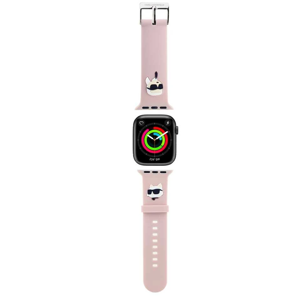 Apyrankė laikrodžiui Apple Watch 1 / 2 / 3 / 4 / 5 / 6 / SE / 7 / 8 (38 / 40 / 41 mm) Karl Lagerfeld Strap 3D Rubber Karl&Choupette Heads (KLAWMSLKCNP) rožinės spalvos