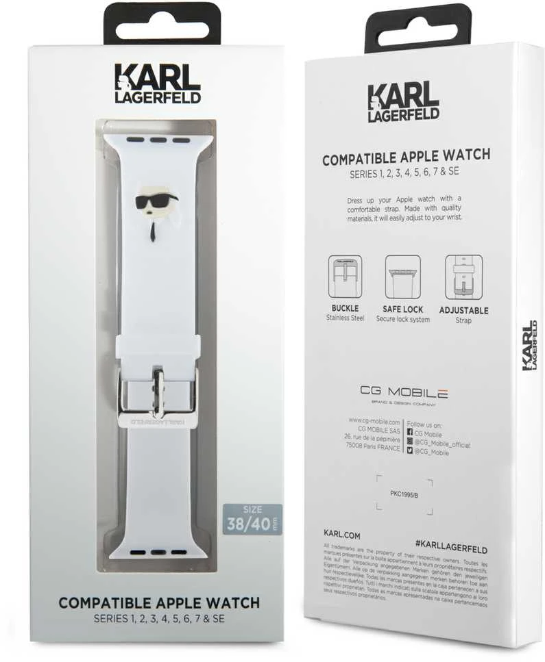 Karl Lagerfeld apyrankė KLAWMSLKNH AppleWatch 38/40/41mm baltos spalvos apyrankė 3D Rubber Karl Head