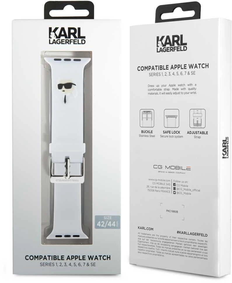 Karl Lagerfeld apyrankė KLAWLSLKNH Apple Watch 42/44/45/49mm baltos spalvos apyrankė 3D Rubber Karl Head