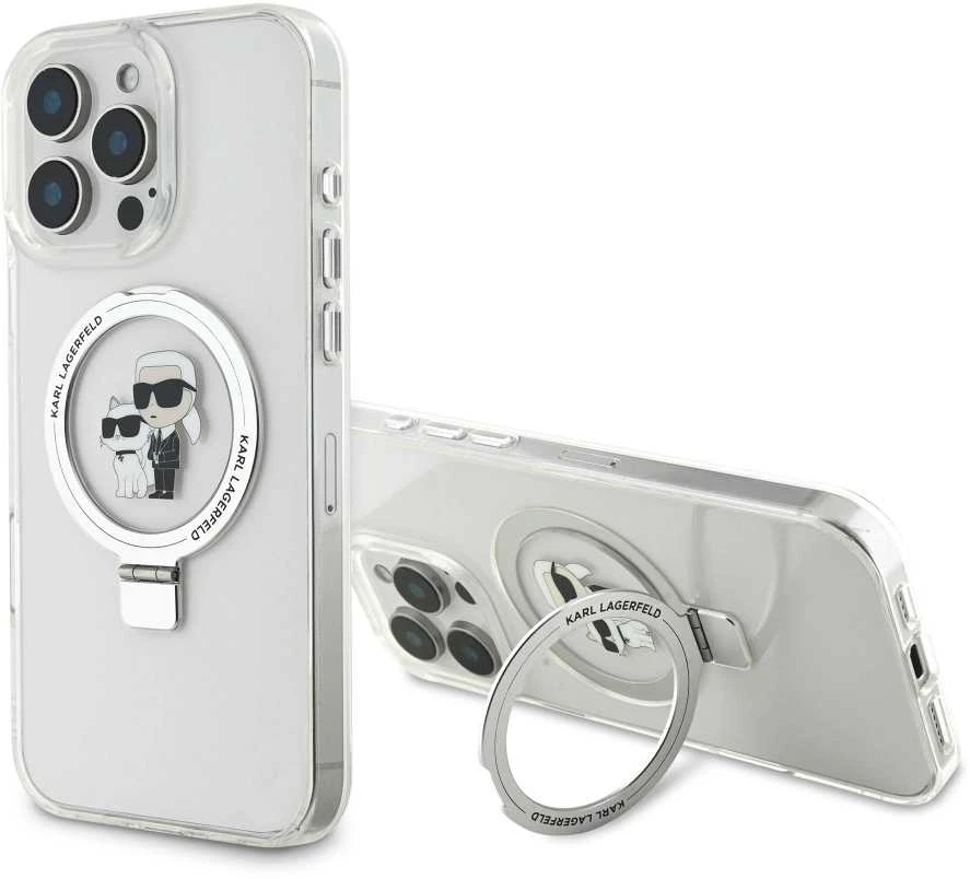 Karl Lagerfeld Ringstand Karl and Choupette MagSafe Apple iPhone 16 Pro Max dėklas telefonui baltos spalvos